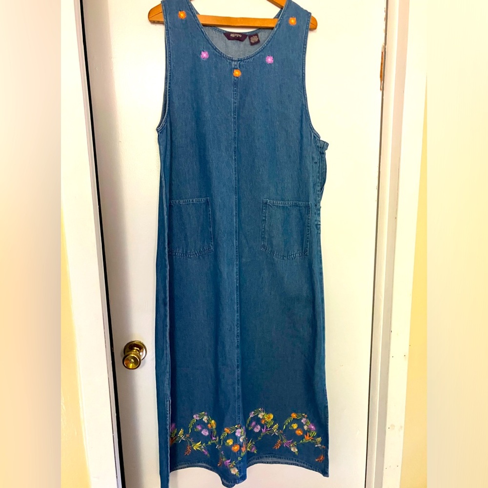 Vintage Floral Embroidered Denim Maxi Dress